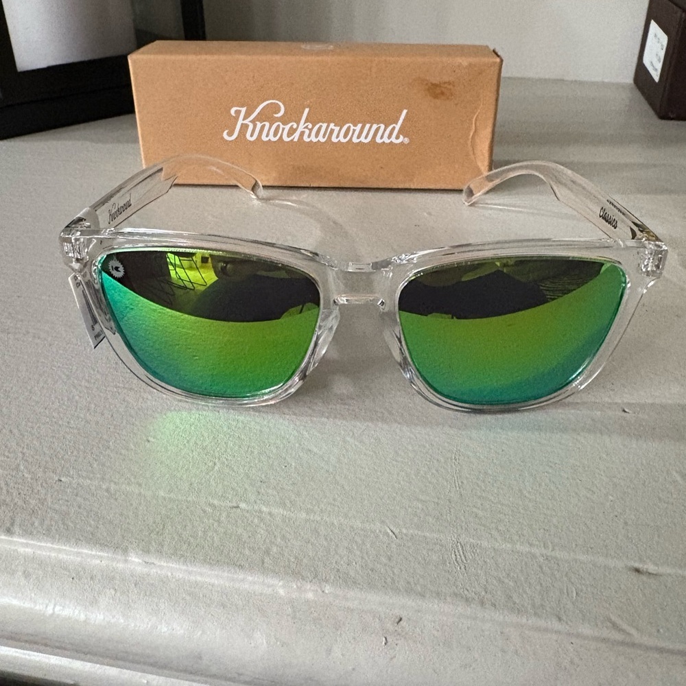 Knockaround Clear Frame Sunglasses with Green Mirror Lenses